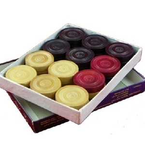 HRM Carrom Men Solid Wooden Set 24-Piece Box 11 White/11 Black 2 Red Coins for 2 Players Eco-Friendly Durable Customized